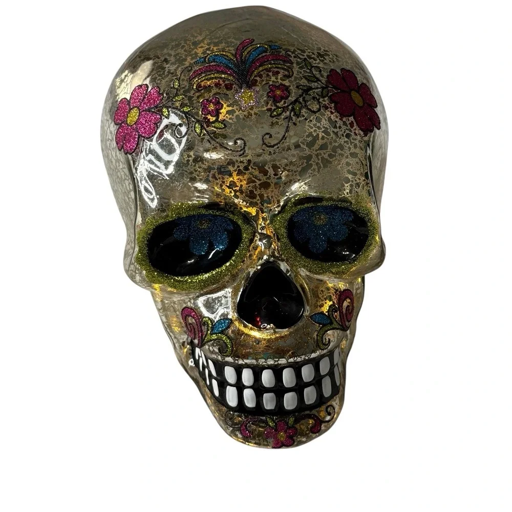 Mercury Glass Sugar Skull Light Up Gold Glitter Floral Dia de los Muertos 6in